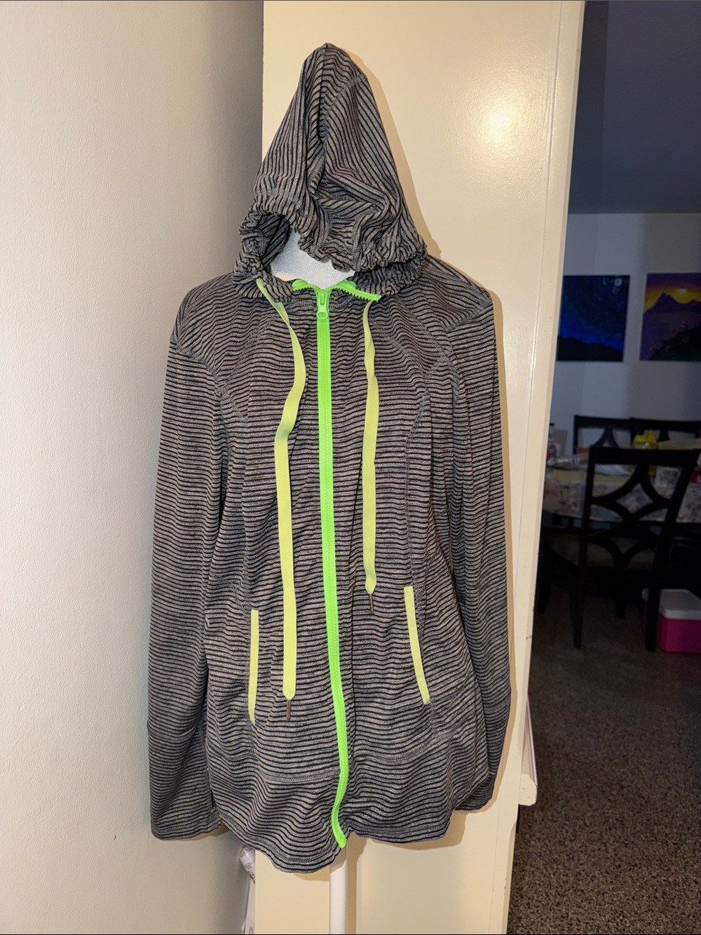 lukka Women's Striped V-Neck Hoodie Jacket with Neon Yellow Trim